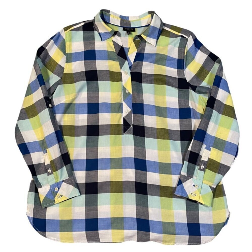 TALBOTS PLAID BUTTON-UP BLOUSE – SIZE LARGE PETITE